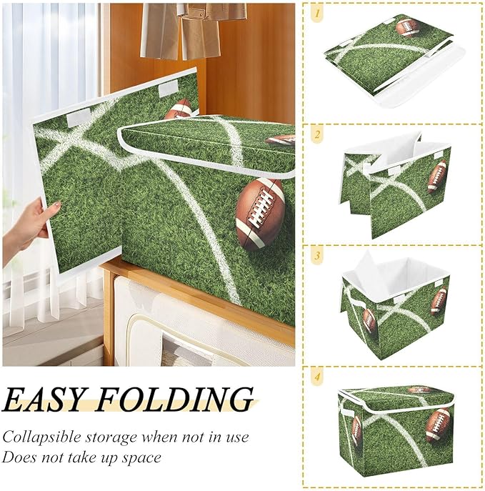 Foldable Storage Bin Basket with Lid - Football Field Sport Large Collapsible Storage Box Organizer for Home Office &amp Books Clothes Storage 16.5x12.6x11.8