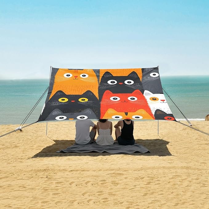 ALAZA Cat White Tile Pattern Beach Tent Sun Shelter Portable Canopy Sunshade for Outdoor Camping Picnics Backyard Fun 10x9 ft