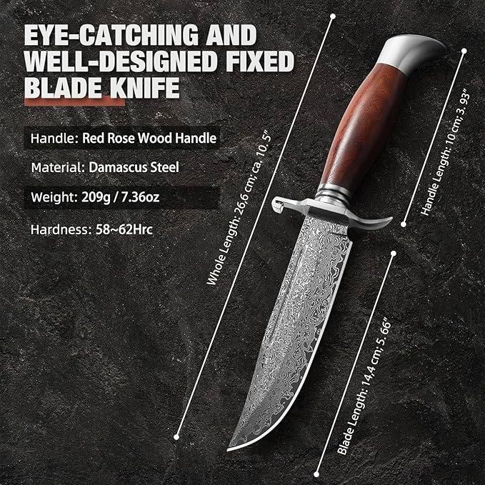 DRACHENADER 10.5 Inch Bowie Knife with Sheath Outdoor Hunting Survival Bushcraft Fixed Blade Knife (C-Japanese Type-Damascus Blade)