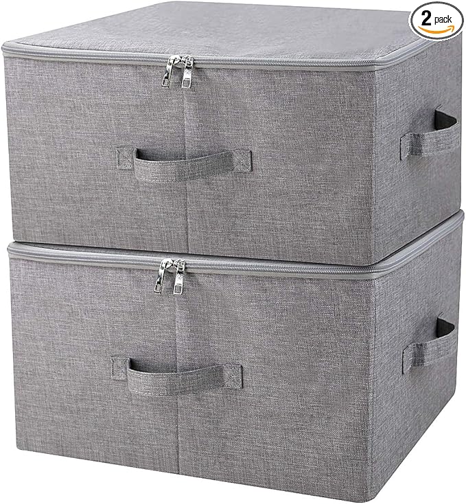 iwill CREATE PRO Folding Storage Box with Zip Lid and Handles Rigid Storage Baskets With Linen Fabric&amp Plastic Board Closet Shelf DrawersDark Gray 2 pcs