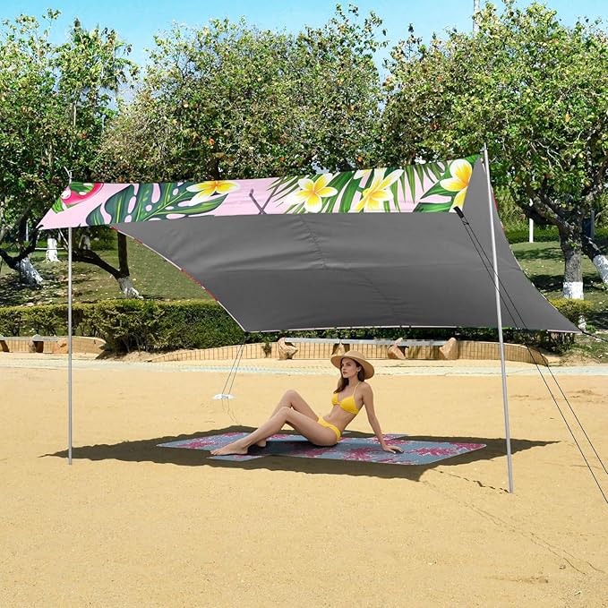 Beach Canopy with Windproof Ropes &amp Sandbags Beach Tent Sun Shade Sun Shelter for Camping Trips Fishing Backyard Fun or Picnics Flamingos