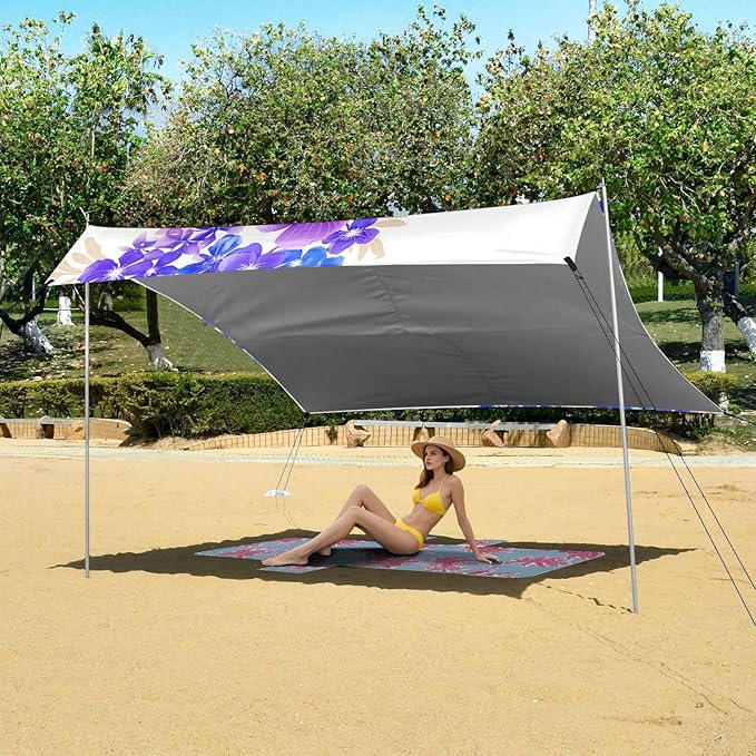 Beach Canopy with Windproof Ropes &amp Sandbags Beach Tent Sun Shade Sun Shelter for Camping Trips Fishing Backyard Fun or Picnics Purple Flowers
