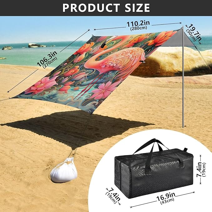 ALAZA Bright Flamingos and Flowers Beach Tent Sun Shelter Portable Canopy Sunshade for Outdoor Camping Picnics Backyard Fun 10x9 ft