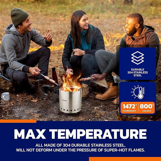 CAMPIOR Wood Burning Fire Pit Stove - Smokeless Outdoor Stove for Wood Fires Camping Cooking and Garden Gatherings Durable Stainless Steel with Removable Ash Pan with Stand and Black Carry Bag