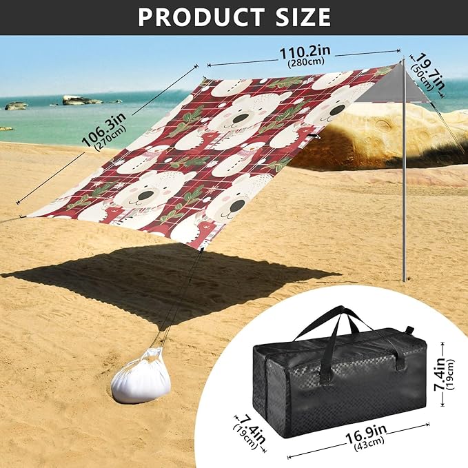 ALAZA Bear Christmas Checkered Beach Tent Sun Shelter UPF50+ Protection Beach Shade Canopy w/ 4 Sandbags for Outdoor Camping Fishing Backyard Fun Picnic 10x9 ft
