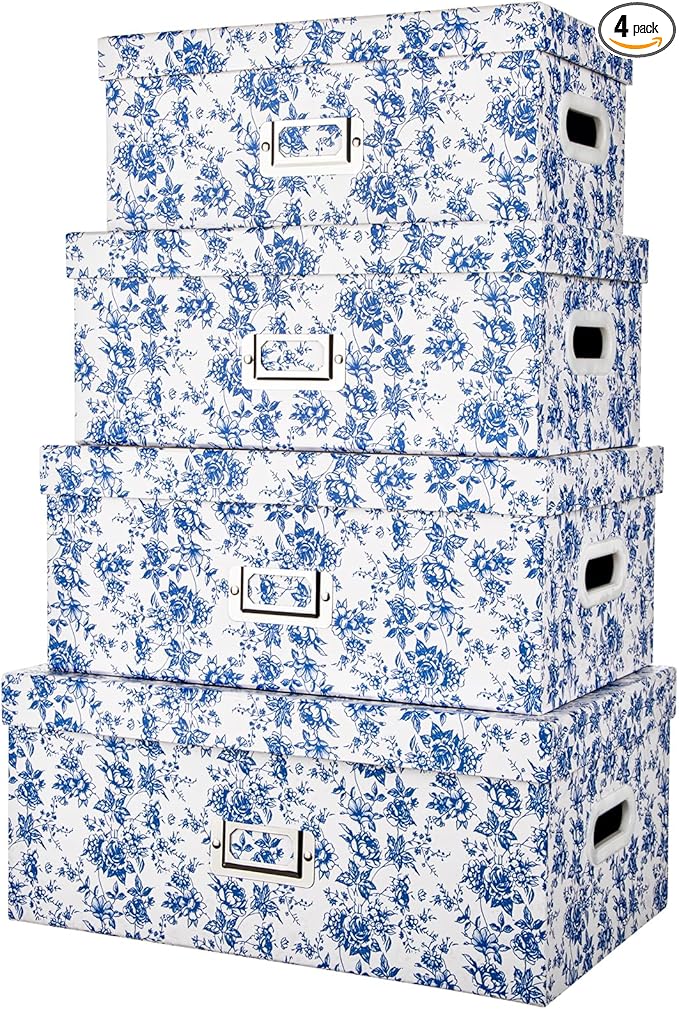 Briful Set of 4 Blue and White Storage Boxes with Lids – Photo Boxes Elegant Floral Nesting Organizer Bins 14''/13''/12.2''/7.5'' Set Decorative Cardboard Gift Boxes for Home or Office Use