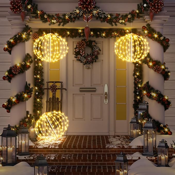 AGOTD Christmas Ball Lights Outdoor 2 Pack 8 Inch Compress LED Sphere String Lights with Memory Function Plug Waterproof Globe Lights for Xmas Tree Garden Porch Party Decor (Warm White)