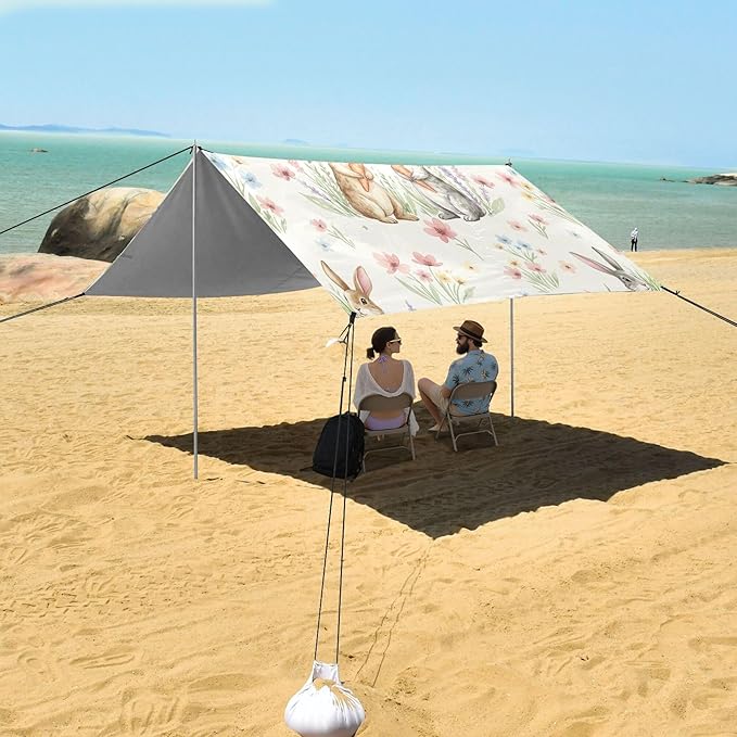 Easter Bunny Beach Canopy Sun Shelter with Sandbags &amp Sand Shovel &amp Windproof Ropes - Portable 110x126 Beach Shade Beach Tent for Camping Picnics