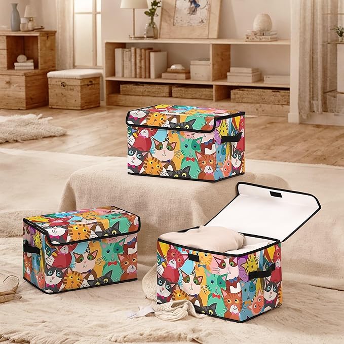 Stackable Clothes Storage Bins with LidsCloset Organizers Fabric Cat Printing Box for Home and OfficeBlanket Clothes OrganizersUnder Bed Storage Containers 3 Pack.