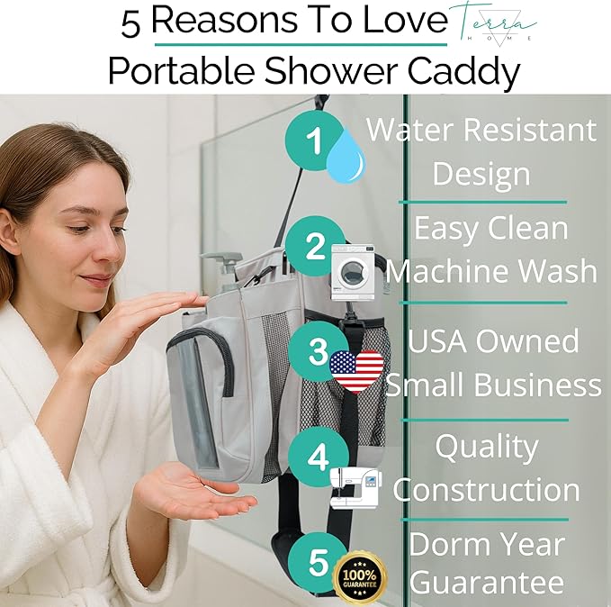 TERRA HOME Portable Shower Caddy Bag- Large Capacity Quick Dry with Metal Hook - Hanging Shower Bag - Breathable Mesh Toiletry Shower Tote for Gym and College Dorm (Grey Extra Large)