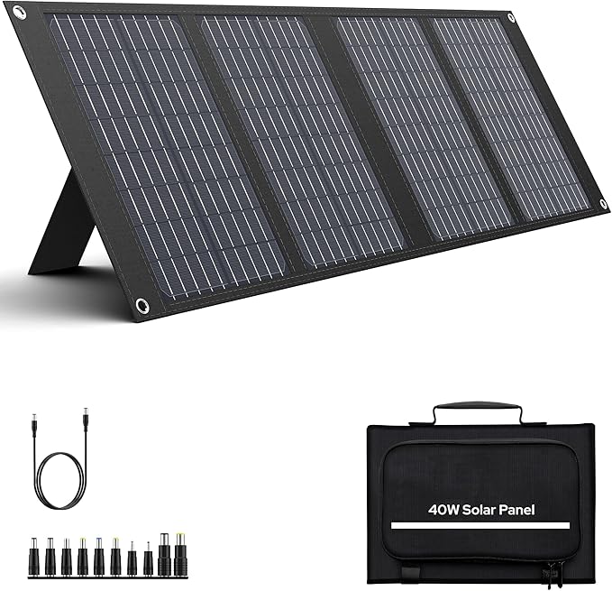Apowking Portable Solar Panels 40W Foldable Solar Panel Charger for 100-300W Portable Power Station with Adjustable Kickstands DC 18V Output USB 3.0 and Type-C Ports for Camping Van RV Trip