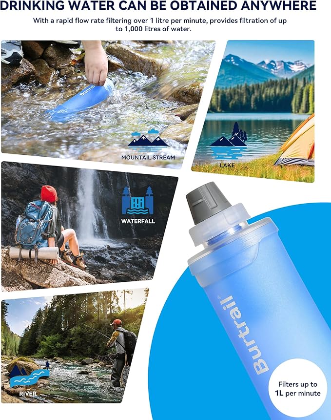 1.0L Collapsible Water Filter Bottle BPA-Free Ultralight &amp Durable Squeeze Bottle with 42mm Filter Cap Cartridge Filtered Water Bottle for Camping Hiking Backpacking Survival &amp Travel