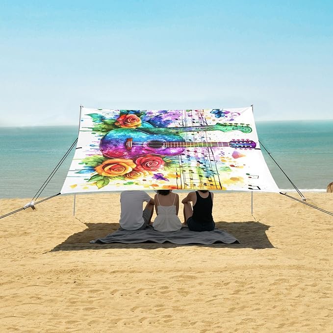 ALAZA Music Notes Guitar Beach Tent Sun Shelter UPF50+ Protection Beach Shade Canopy w/ 4 Sandbags for Outdoor Camping Fishing Backyard Fun Picnic 10x9 ft