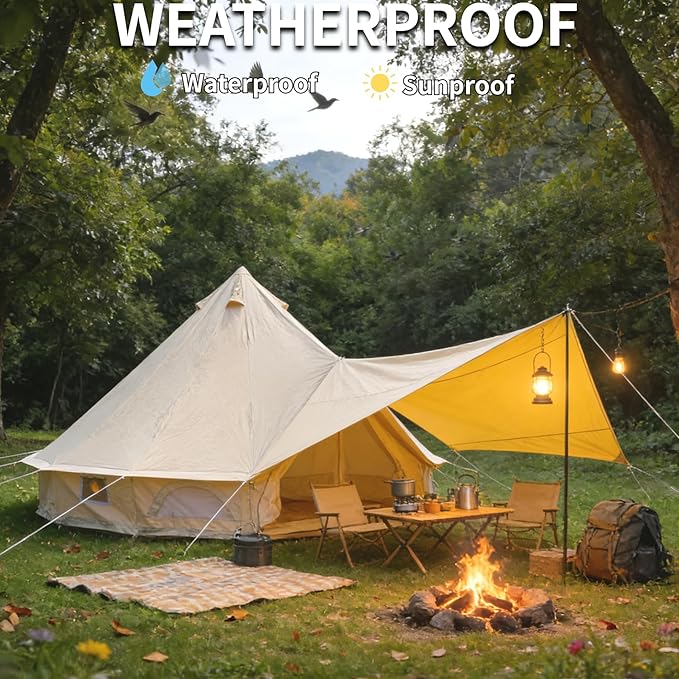 DANCHEL OUTDOOR Waterproof Bell Tent Awning 4 Season Camping Tarp – Portable Canopy Cover with Poles Lightweight Glamping Accessories Rectangle