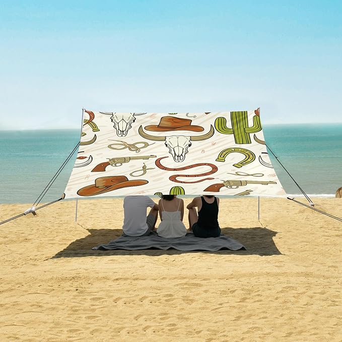 Beach Canopy with Windproof Ropes &amp Sandbags Beach Tent Sun Shade Sun Shelter for Camping Trips Fishing Backyard Fun or Picnics Cowboy Hat