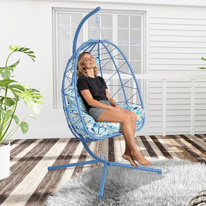 Hanging Egg Chair with Stand Outdoor Indoor Patio Rattan Swing Hammock Chairs with Washable Cushion PE Wicker Swing Chair for Backyard Bedroom Garden (Blue + Floral Cushion No Footrest)