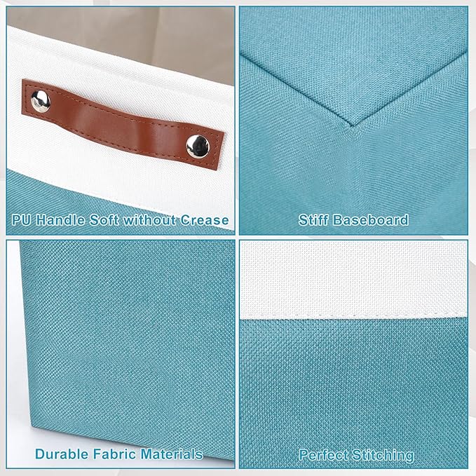 Collapsible Fabric Storage Cubes 11x11 Cube Storage Bins 4 Pack Closet Baskets Box with Handles for Organizing Shelf Toys Clothes Home Office Nursery (Teal&ampWhite)