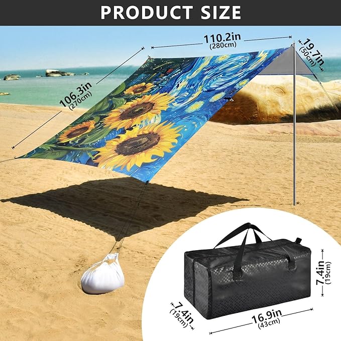 ALAZA Sunflowers Sky Beach Tent Sun Shelter UPF50+ Protection Beach Shade Canopy w/ 4 Sandbags for Outdoor Camping Fishing Backyard Fun Picnic 10x9 ft