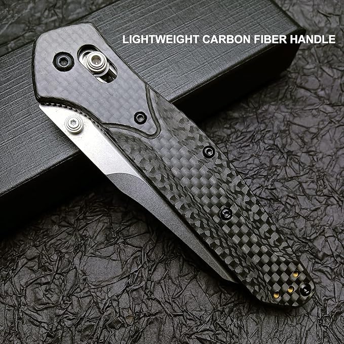 HUAAO 7.7in EDC Pocket Knife 3.6in Reverse Tanto Blade with Thumb Stud Plain Edge D2 Steel Black Carbon Fiber Handle with Belt Clip Mechanism for Outdoor Camping