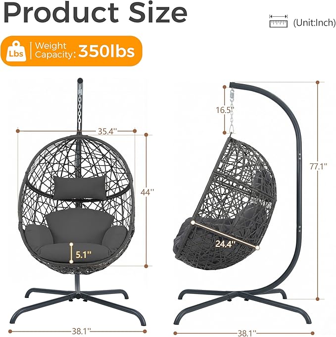 BULEXYARD Oversized Hanging Egg Chair with Stand Indoor Outdoor Wicker Bird Cage Swing Chair Patio Hammock Egg-Shaped Swinging Chair with Dark Grey Cushion for Garden Bedroom 350LBS Capacity
