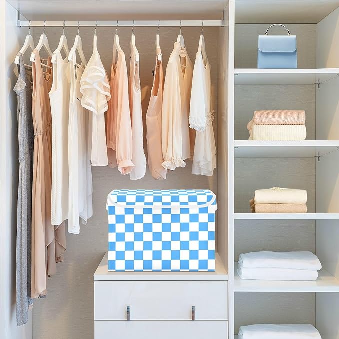 Collapsible Storage Bins with Lids Decorative Fabric Storage Cubes Closet Organizer and Storage Basket Boxes Containers for Clothes Box Chest Nursery Folding Rectangle Checkered Blue