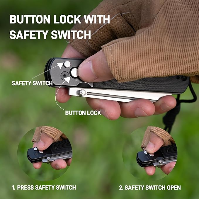 ARTISANCUTLERY Holm Folding Pocket Knife EDC Knife with 3.10'' AR-RPM9 Steel Handle with Black PVD Steel and G10 Inlay Button Lock with Safety Switch for Camping Survival Outdoor 1875P Black
