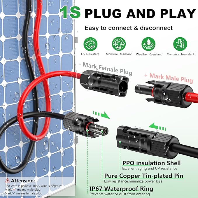 Oududianzi Solar Extension Cable 50Ft Solar Wire 10AWG 10 Gauge Tinned Copper PV Wire Solar Panel Wires and Connectors for Home Roofs RV Boat Camping Solar Panels