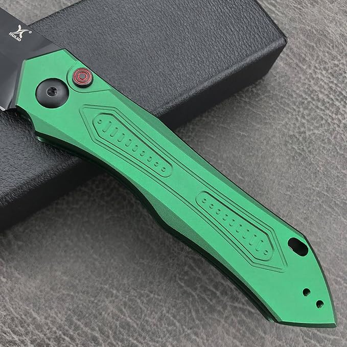 EDC Folding Pocket Knife For Men Button Lock Knife 3.35in 9Cr18MoV Steel Blade Green Aluminum Handle with Pocket Clip Sharp Camping Hiking Knives (green)