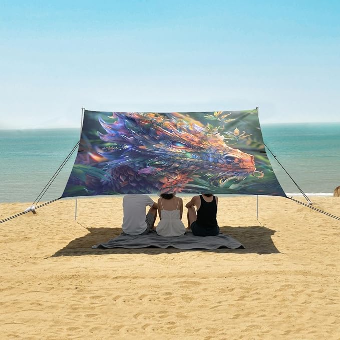 ALAZA Fantasy Dragon Beach Tent Sun Shelter UPF50+ Protection Beach Shade Canopy w/ 4 Sandbags for Outdoor Camping Fishing Backyard Fun Picnic 10x9 ft