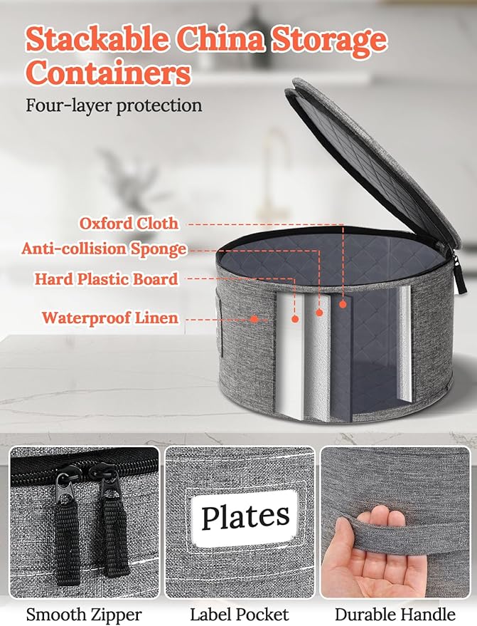 Cirhy Hard Shell China Storage Containers 4-Piece Set - Reinforced Hard-Sided Moving Boxes for Dinner Plates Bowls &amp Saucers - Stackable Dish Packing Protectors with 48 Felt Dividers