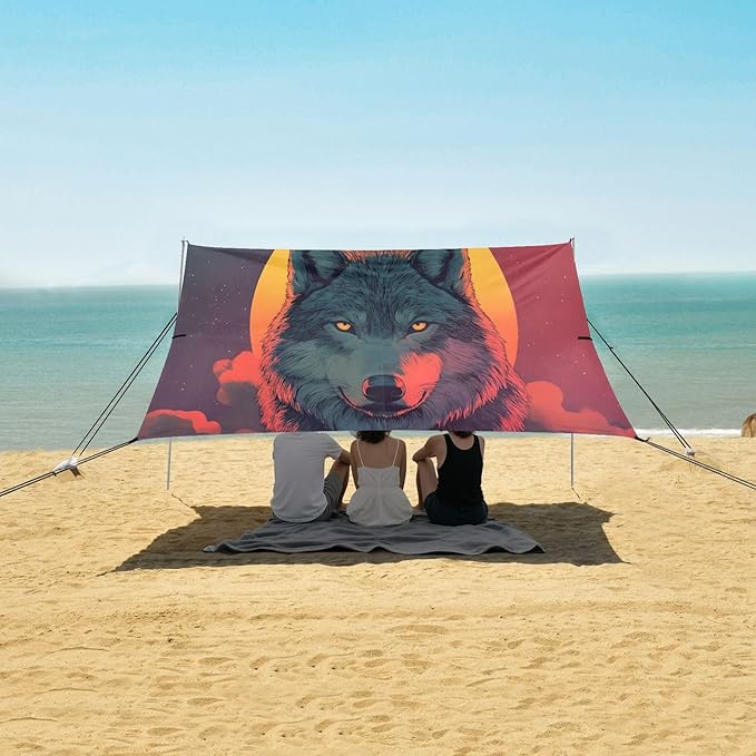 Sunset Wolf Beach Tent Sun Shelter Set UPF50+ UV Protection 10.5 x 9.19 FT Camping Shade Canopy with Sandbags Sand Anchors Carrying Bag and Others