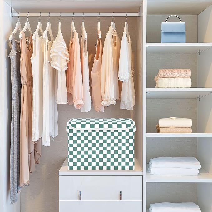 Teal Green White Checkered Storage Bins with Lids Foldable Storage Boxes Cube Closet Storage Baskets Container Organizers for Home Bedroom Office