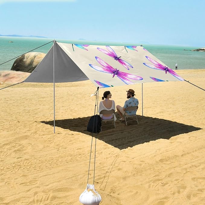 Beach Canopy with Windproof Ropes &amp Sandbags Beach Tent Sun Shade Sun Shelter for Camping Trips Fishing Backyard Fun or Picnics Dragonflies