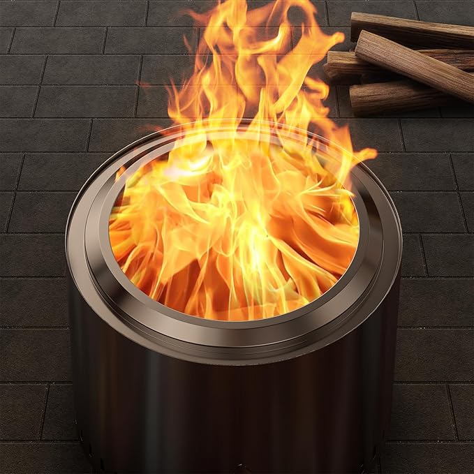 OutVue 19.5 inch Stainless Steel Smokeless Fire Pit Outdoor Smokeless Firepit Wood Burning Fire Pits for Camping Bonfire Low Smoke Firepit for Outside (Vertical Hole)