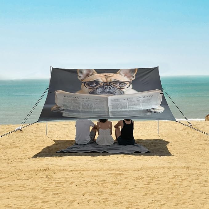 ALAZA Rimless Glasses French Bulldog Read Newspaper Beach Tent Sun Shelter Portable Canopy Sunshade for Outdoor Camping Picnics Backyard Fun 10x9 ft
