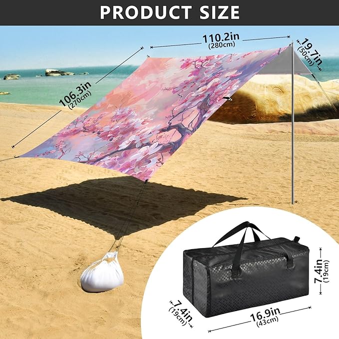 ALAZA Pink Cherry Blossoms Painting Beach Tent Sun Shelter UPF50+ Protection Beach Shade Canopy w/ 4 Sandbags for Outdoor Camping Fishing Backyard Fun Picnic 10x9 ft