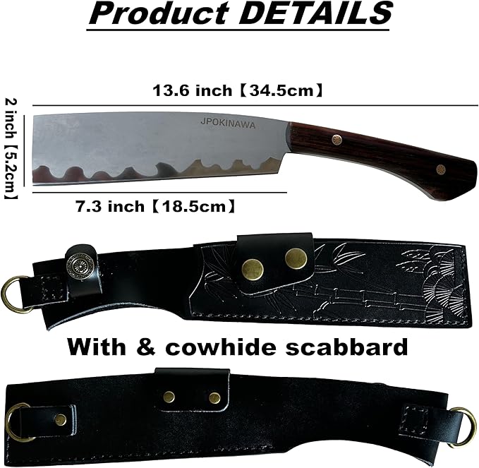 13.6【Handmade Machete】 Japanese Tradition NATA - FullTang 60HRC High Carbon Steel Blade Ebony Wood Handle with Cowhide Scabbard