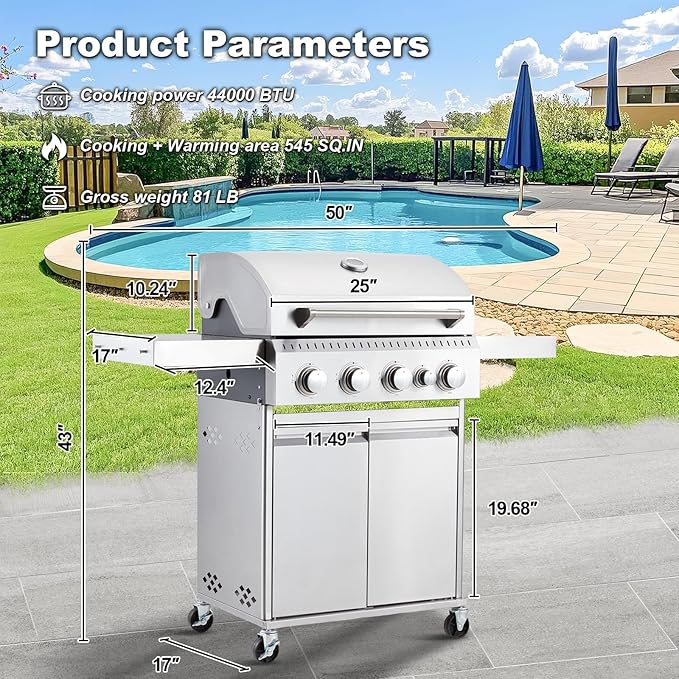 MELLCOM Stainless Steel 4 Burner BBQ Propane Gas Grill with Cast Iron Grates &amp Side Stove Stainless Steel 44000 BTU Burner Barbecue Grill for PatioCamping Outdoor Cooking