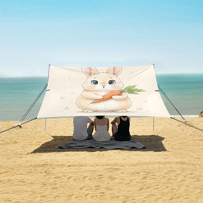 Cute Bunny Beach Canopy Sun Shelter with Sandbags &amp Sand Shovel &amp Windproof Ropes - Portable 110x126 Beach Shade Beach Tent for Camping Picnics