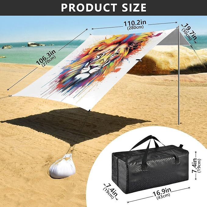 ALAZA Watercolor Lion Beach Tent Sun Shelter UPF50+ Protection Beach Shade Canopy w/ 4 Sandbags for Outdoor Camping Fishing Backyard Fun Picnic 10x9 ft
