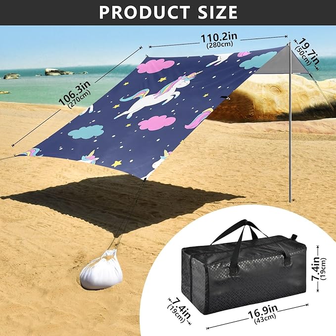 ALAZA Clouds Stars Unicorn Pattern Beach Tent Sun Shelter Portable Canopy Sunshade for Outdoor Camping Picnics Backyard Fun 10x9 ft