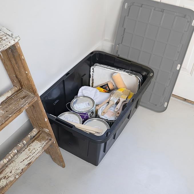 CX BLACK &amp YELLOW 27-Gallon Heavy Duty Tough Storage Container &amp Snap-Tight Lid Black &amp Grey (14.3H x 20.6W x 30.6D) Weather-Resistant Design and Stackable Organization Tote [2 Pack]