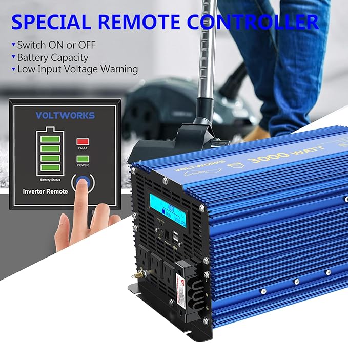 VOLTWORKS 3000W Pure Sine Wave Power Inverter 3000 Watt 12V DC to 110V 120V AC ETL Listed UL458 Compatible with Starlink &amp Lithium Battery for Off-Grid Solar Car RV Truck Boat with 30FT Wired Remo