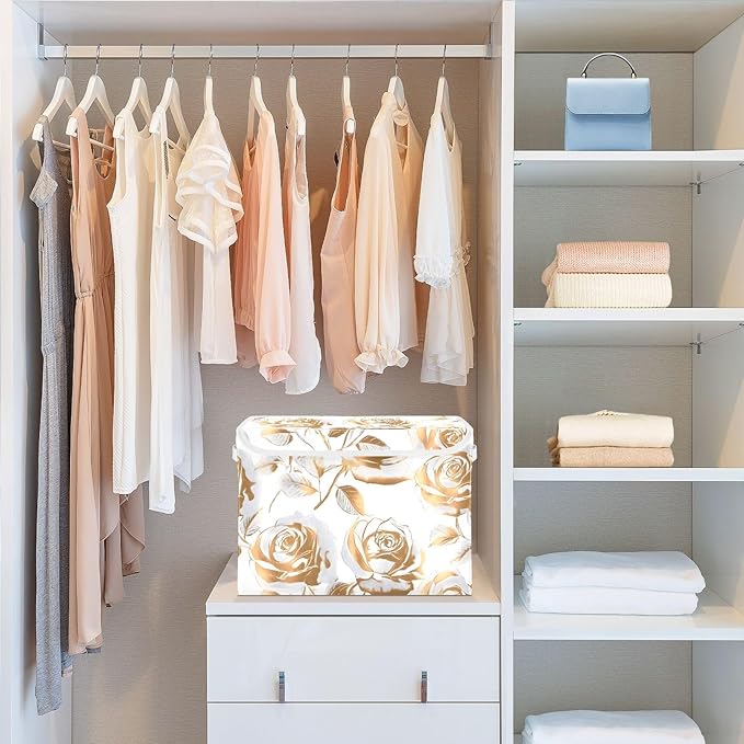 ALAZA Gold Rose Storage Bins Organizer Box Baskets Lidded Clothes for Shelves Closet Collapsible Stackable Storage Cubes Handles