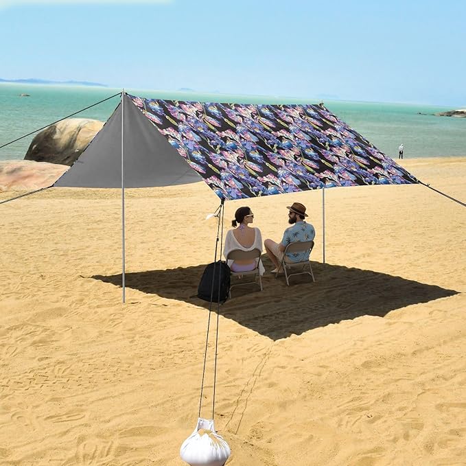 ALAZA Iris Flower Boho Beach Tent Sun Shelter UPF50+ Protection Beach Shade Canopy w/ 4 Sandbags for Outdoor Camping Fishing Backyard Fun Picnic 10x9 ft