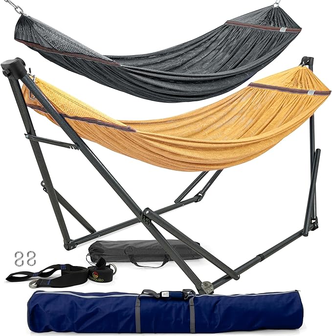 Tranquillo Combo x2 Hammocks with Stand for Outside &amp Tree Straps Heavy Duty Hammock with Stand 600lbs for Indoor Outdoor Patio Backyard x2 Hammocks for 2 Person (Combo - Yellow Medium)