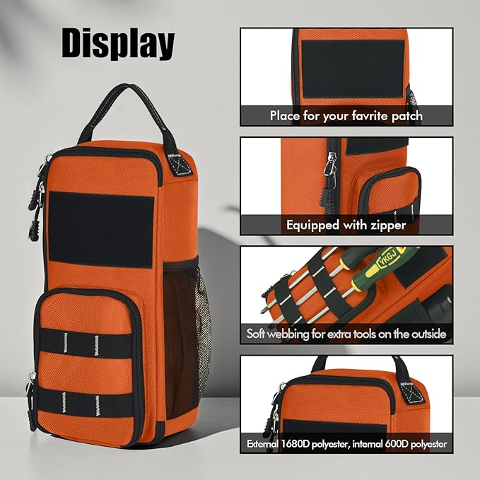 LAKE OF FIRE 12.6 Small Tool Bag Pouch for Men with Multiple Pockets Waterproof Heavy Duty Tool Bag Organizer with Zipper and Portable Handle (Orange)