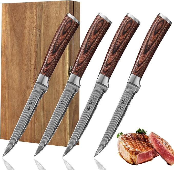 Wakoli EDIB 4-Piece Damascus Steak Knife Set – Professional Dining Kitchen Knives with VG10 Core Blades 67-Layer Damascus Steel &amp Ergonomic Pakkawood Handles – Premium Steak Cutlery in Gift Box