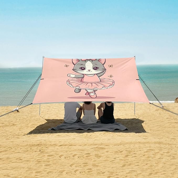 Cute Dancing Ballet Kitten Beach Tent Sun Shelter Set UPF50+ UV Protection 10.5 x 9.19 FT Camping Shade Canopy with Sandbags Sand Anchors Carrying Bag and Others