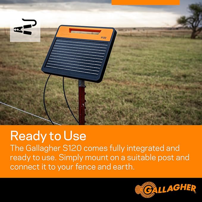 Gallagher S120 Lithium Solar Fence Charger | 1.2 Joule Energizer Powers Up to 35 Miles or 120 Acres | Solar Lithium Iron Phosphate Battery | Adaptive Power Control | Portable and Weather Resistant